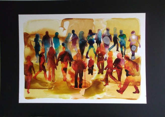 10/03/15 - Crowd -  Acrylic ink on yupo 25 x 18 inches.  Mounted on A1 black mount board. 