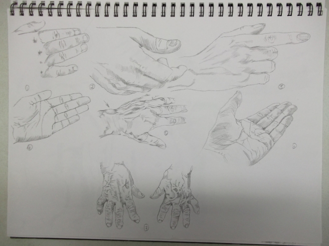 19/12/14 A2 sketchbook drawings, note the childs knuckles. Shown as dimples (1) and the adults knuckles protrudes.