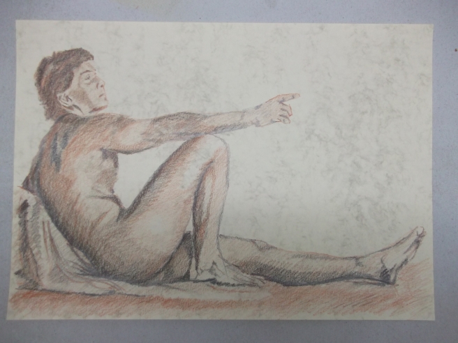 2) Lounging - sanguine and grapite pencil on found marble paper 16/12 inches drawn from Johnson art models 8 practical poses for the working artist 28/12/14