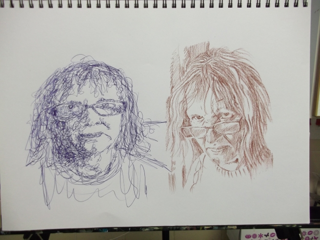 04/01/15 left - ball point Pen, right - medicis sanguine conte. In A3 Sketchbook from a mirror