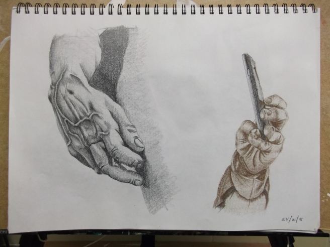 25/01/15 "Hand Sketches" black chalk,  burnt umber and blue pastel pencils in 16 x 12 inches sketchbook 