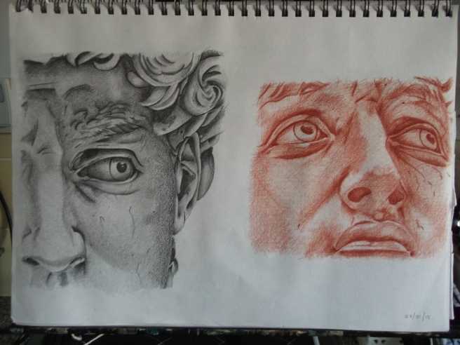 25/01/15- cropped facial study of David.  Left graphite,  right sanguine. 16 X 12 inches sketchbook 