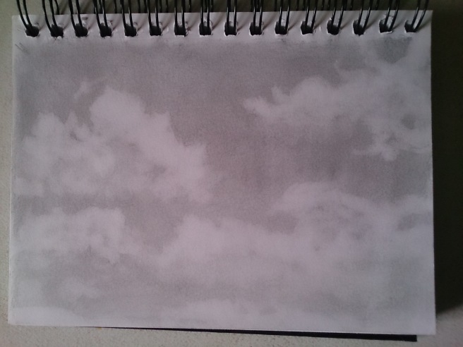 Clouds in sketchbook with H pencil and kneadable eraser. Drawn in 5 minutes from imagination. 19/09/14