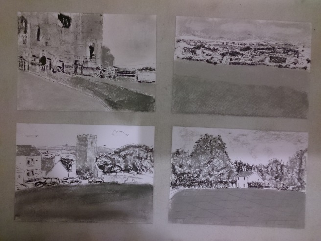 Up on the hill at Denbigh castle (clockwise) 21/09/14 speed drawings on A5 watercolour paper 15 minutes each rapidograph pen and pieces of grey soft pastels all drawn from life