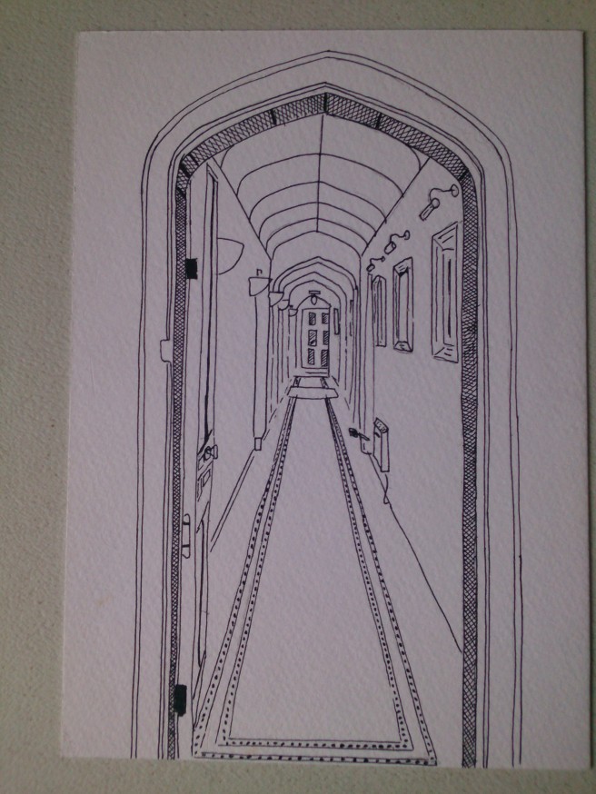 Corridor in Rhuthin Castle Hotel. A5 watercolour paper    and isograph pen. 10/10/14